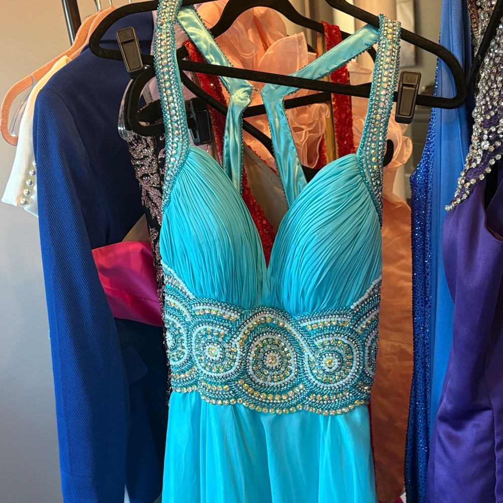 Tags still on Prive Turquoise Blue Beaded Gown Dress